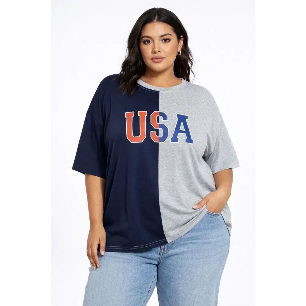 SHEIN Curve Women’s USA Graphic Colorblock Oversized Relaxed Tee Size 1X
